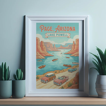 Page, Arizona Lake Powell vintage travel poster with boats and cars.