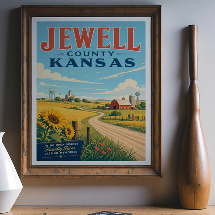 Jewell County Kansas travel poster with sunflowers and rural farm scene.