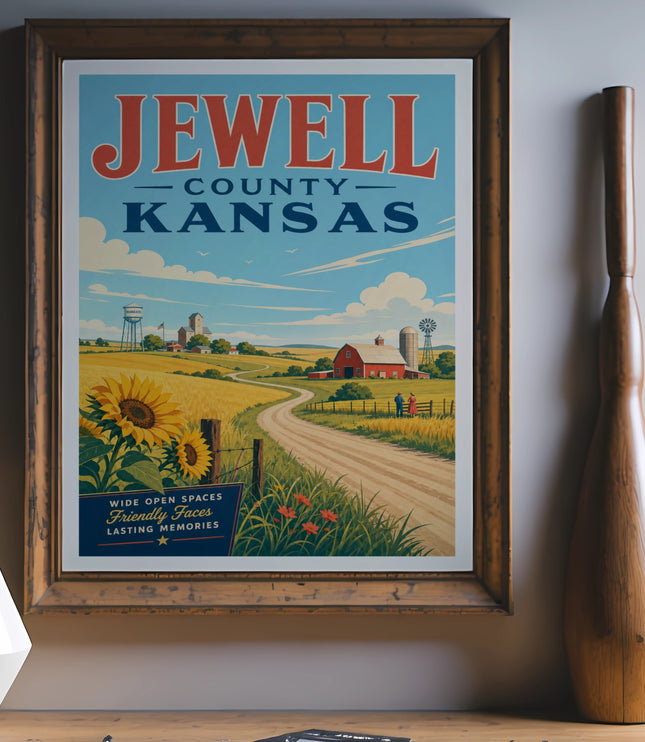 Jewell County Kansas travel poster with sunflowers and rural farm scene.
