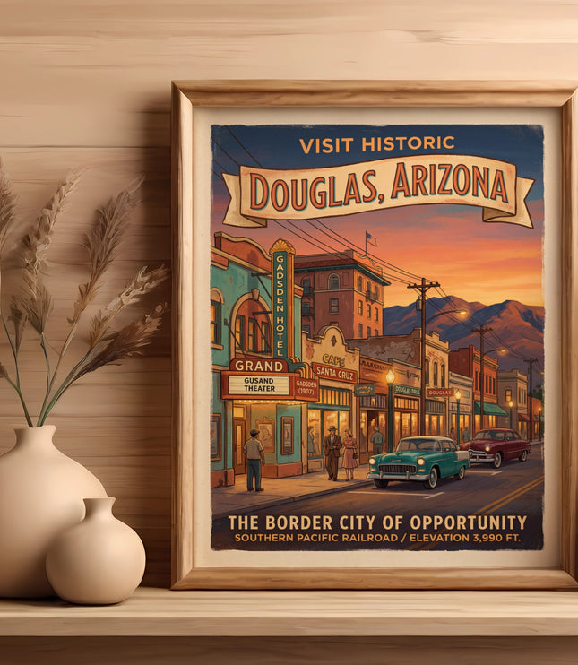 Visit Historic Douglas, Arizona poster showcasing buildings, cars, and mountains at sunset.