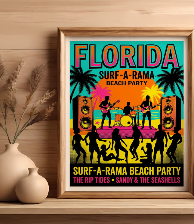 Florida Surf-A-Rama Beach Party poster with band and dancing silhouettes.