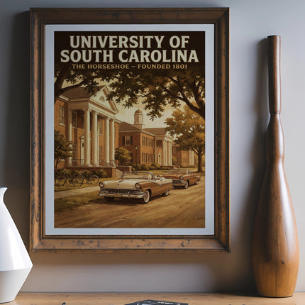 University of South Carolina The Horseshoe vintage poster with classic cars and architecture.
