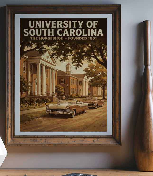 University of South Carolina The Horseshoe vintage poster with classic cars and architecture.