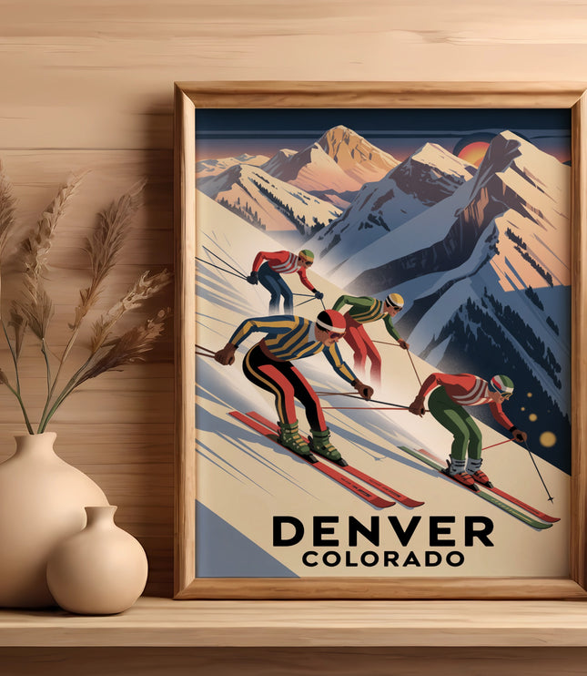 Vintage ski poster for Denver, Colorado with skiers on snowy mountains.