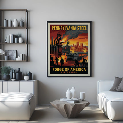 Vintage poster of a steel mill with "Pennsylvania Steel Forge of America Pittsburgh" text.