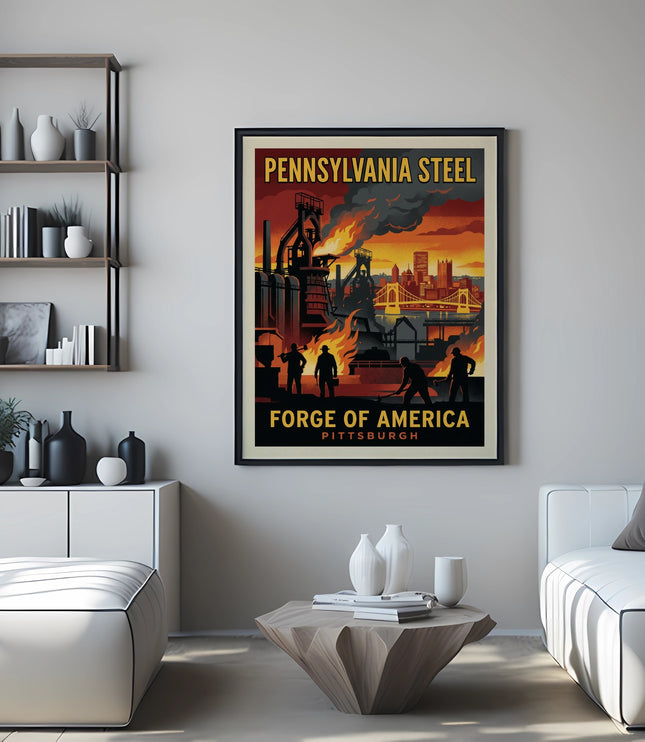 Vintage poster of a steel mill with "Pennsylvania Steel Forge of America Pittsburgh" text.
