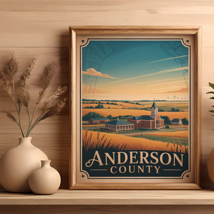 Framed artwork of Anderson County landscape with fields, buildings, and wind turbines.
