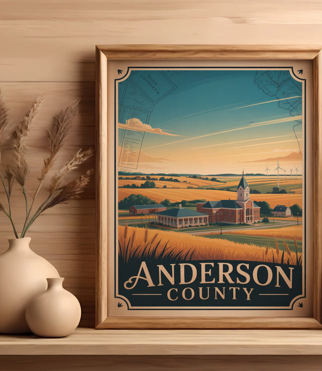 Framed artwork of Anderson County landscape with fields, buildings, and wind turbines.