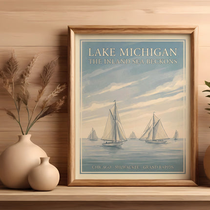 Lake Michigan poster with sailboats, "The Inland Sea Beckons" text.