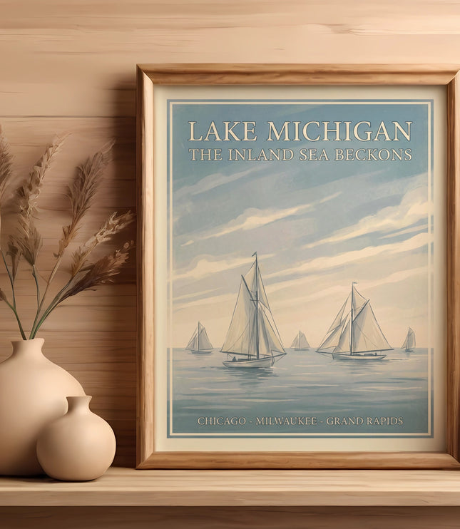 Lake Michigan poster with sailboats, "The Inland Sea Beckons" text.