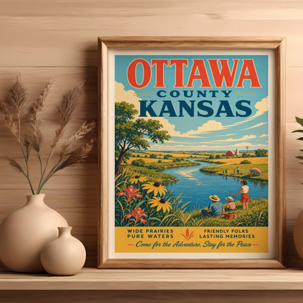 Vintage travel poster for Ottawa County, Kansas, with people fishing by a river.