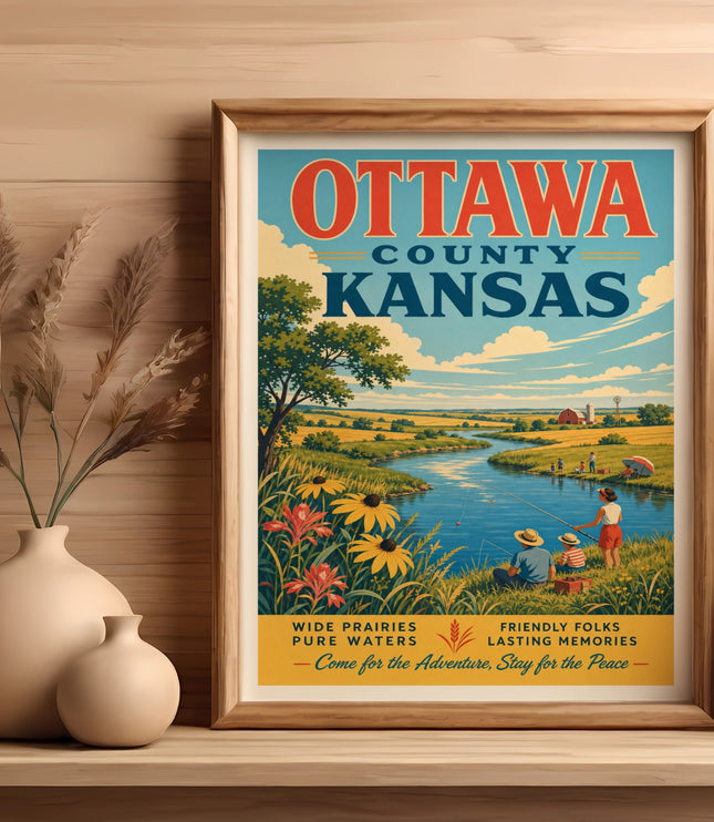 Vintage travel poster for Ottawa County, Kansas, with people fishing by a river.