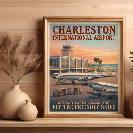 Charleston International Airport vintage travel poster with planes and text.