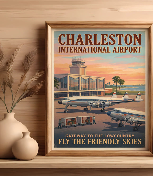 Charleston International Airport vintage travel poster with planes and text.