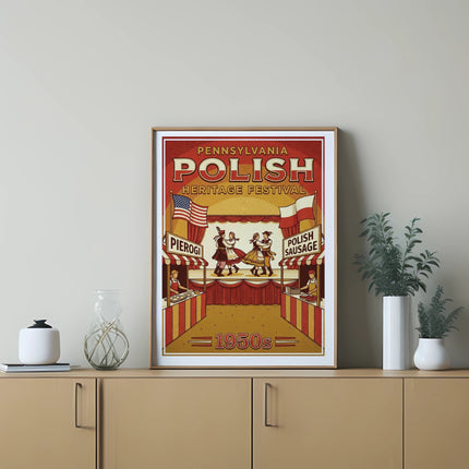 Pennsylvania Polish Heritage Festival poster featuring pierogi and Polish sausage.