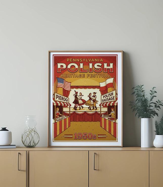 Pennsylvania Polish Heritage Festival poster featuring pierogi and Polish sausage.