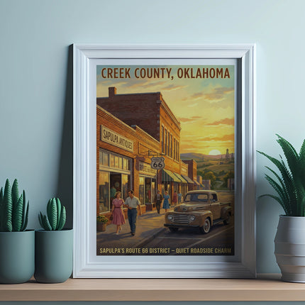 Creek County, Oklahoma poster of Sapulpa's Route 66 district at sunset.