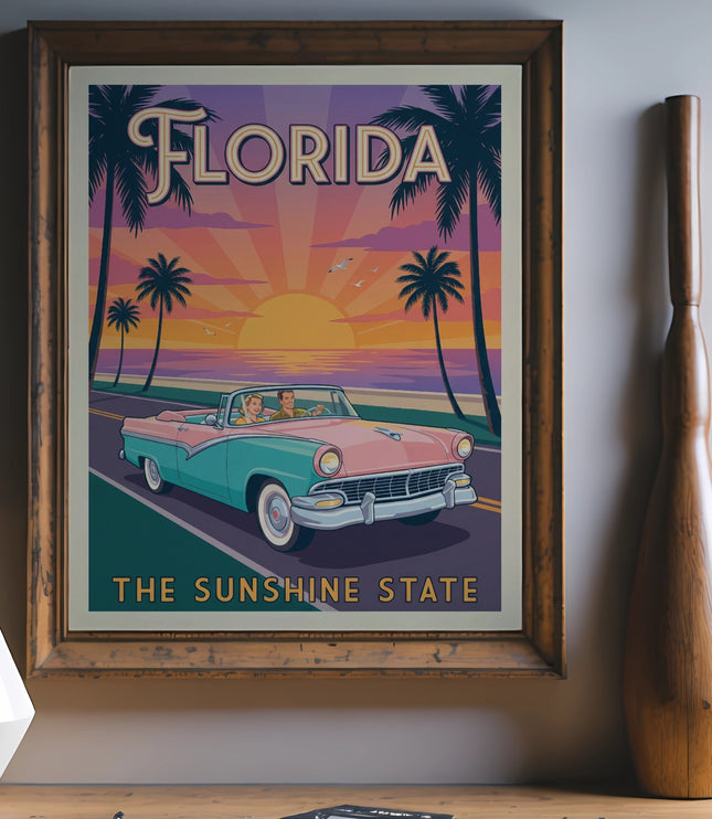 Framed Florida poster with palm trees, sunset, and classic convertible.