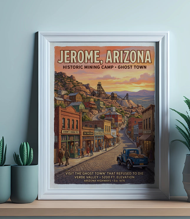 Jerome, Arizona historic mining camp and ghost town illustration with text.