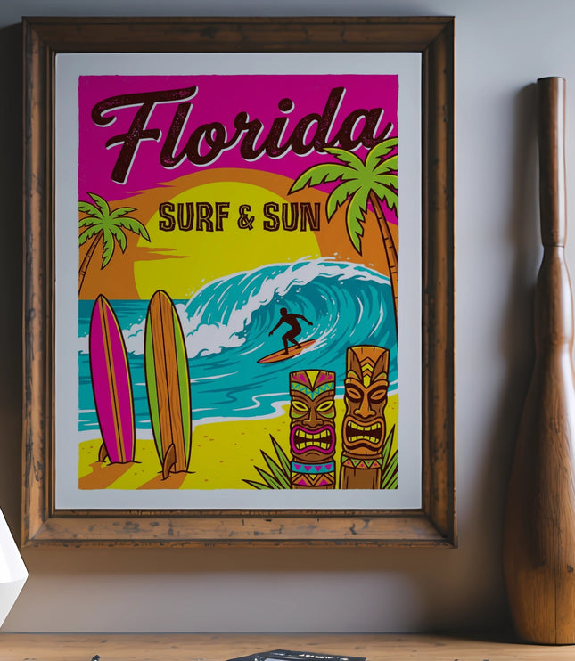 Florida Surf & Sun vintage travel poster with surfboards, tiki statues, and a surfer.