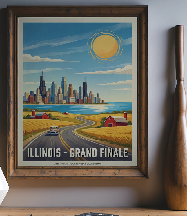 Framed Illinois Grand Finale art with Chicago skyline, road, and farm scene.