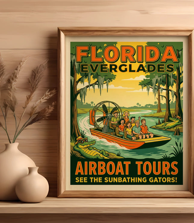 Florida Everglades airboat tour poster with people and sunbathing gators.