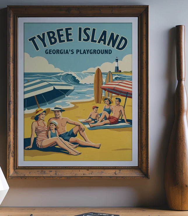Vintage Tybee Island Georgia's Playground poster with beach scene and family.