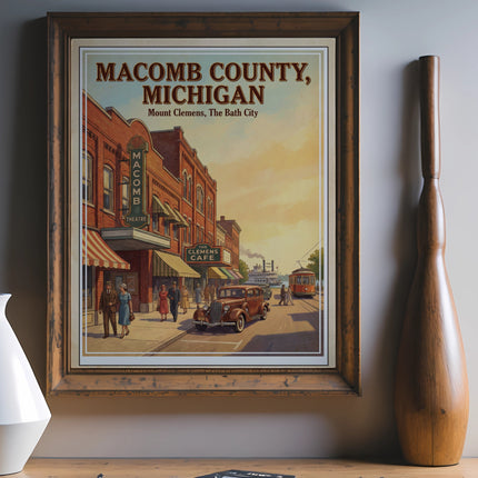 Vintage poster of Macomb County, Michigan, featuring Mount Clemens and The Clemens Cafe.