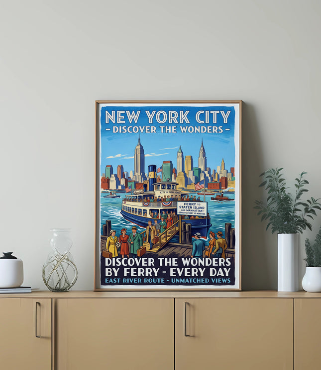 New York City poster showing a ferry and skyline with text "Discover the wonders".