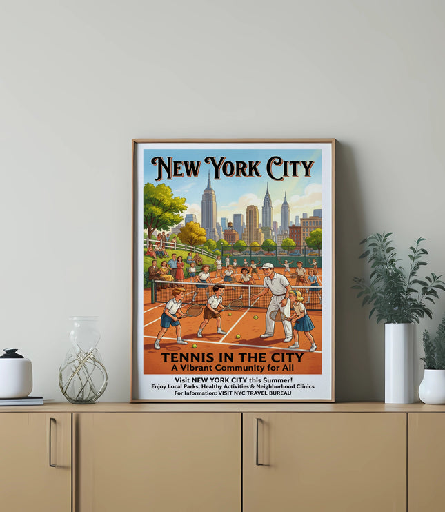 New York City poster depicting tennis scene with text "Tennis in the City".
