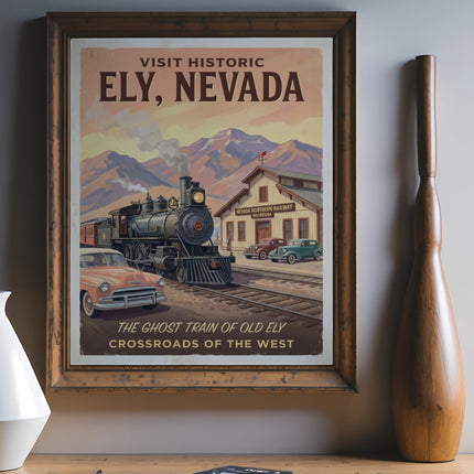 "Visit Historic Ely, Nevada" vintage poster with train, cars, and mountains.