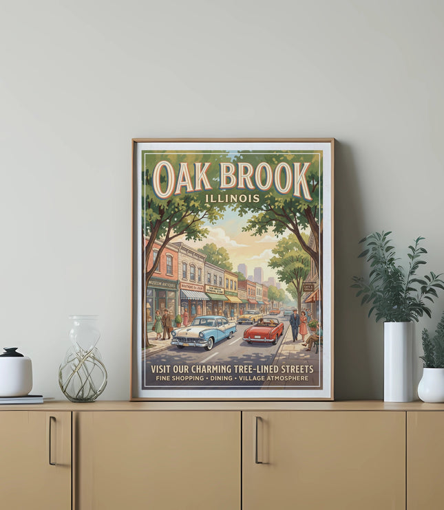 Oak Brook Illinois vintage poster depicting tree-lined streets, shops, and classic cars.