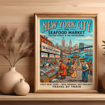 New York City Seafood Market poster with vintage illustration, specifying oysters, clams, and lobsters.