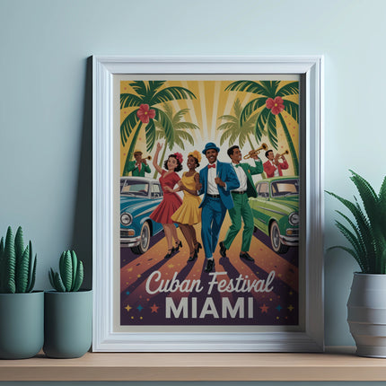 Framed artwork depicts "Cuban Festival Miami" with dancing figures and vintage cars.