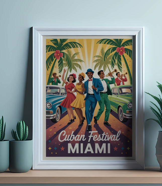 Framed artwork depicts "Cuban Festival Miami" with dancing figures and vintage cars.