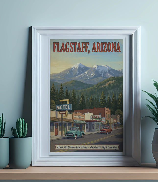 Vintage Route 66 Flagstaff, Arizona poster with mountains, motel, and cafe.