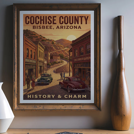 Cochise County Bisbee Arizona vintage travel poster with street scene.