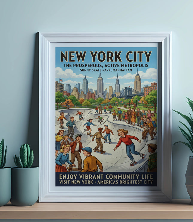 New York City vintage poster featuring sunny skate park with people skating and city skyline.