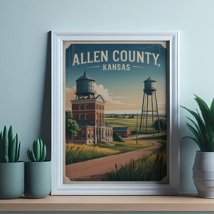 Allen County, Kansas vintage travel poster featuring water towers and buildings.