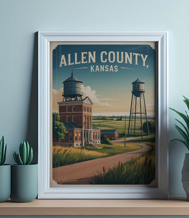 Allen County, Kansas vintage travel poster featuring water towers and buildings.