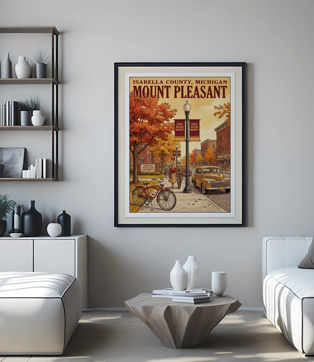 Print of Mount Pleasant, Michigan with autumn trees, shops and Central Michigan University banners.