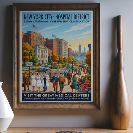 Poster: New York City Hospital District, Sunny Afternoon, visit Great Medical Centers.