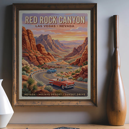 Red Rock Canyon Las Vegas Nevada retro travel poster with scenic desert drive.