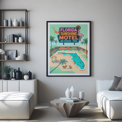 Retro Florida Sunshine Motel poster with pool and lounge chairs.