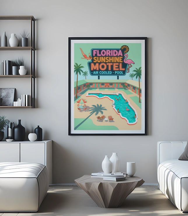 Retro Florida Sunshine Motel poster with pool and lounge chairs.