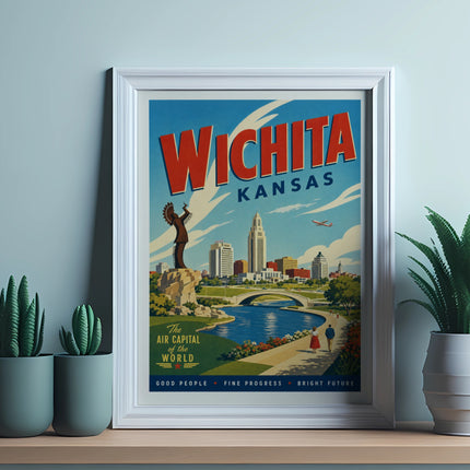 Wichita, Kansas vintage travel poster with city skyline and text.
