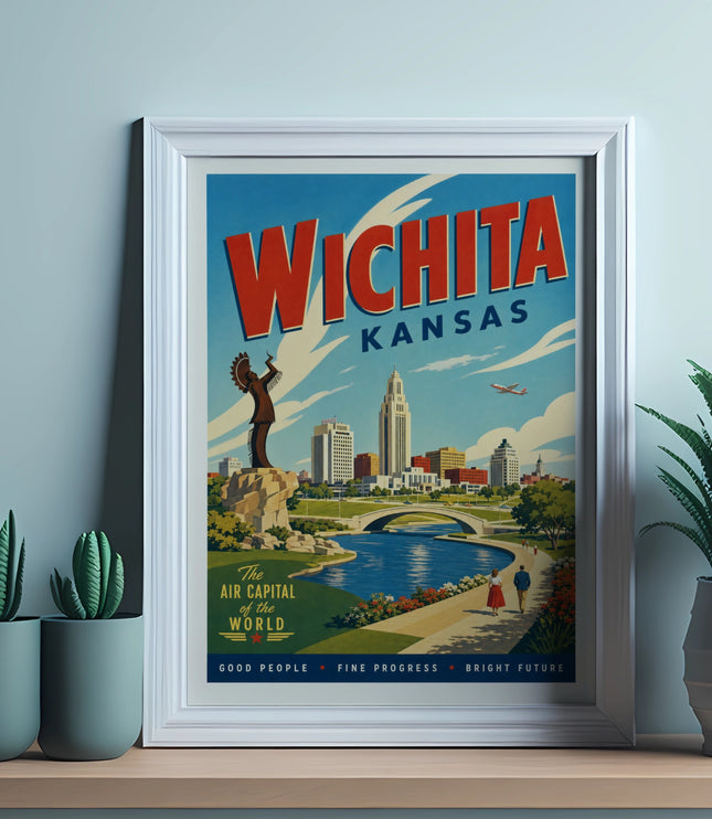 Wichita, Kansas vintage travel poster with city skyline and text.