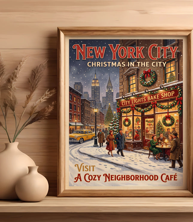 New York City Christmas in the City art features City Lights Bake Shop.