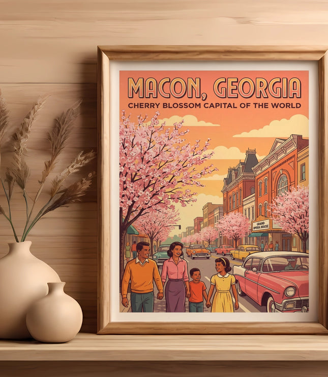 Macon, Georgia poster with family walking under cherry blossoms and vintage cars.