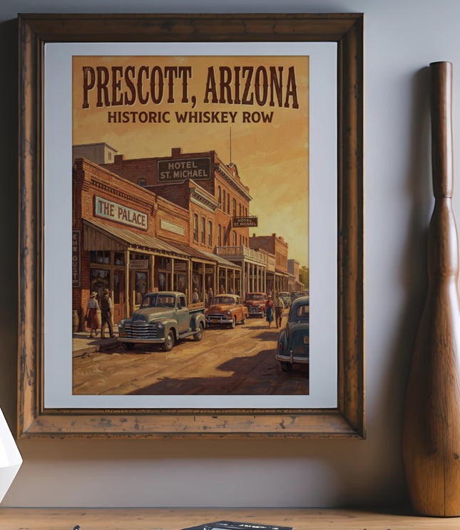 Prescott, Arizona Historic Whiskey Row poster artwork with vintage cars and buildings.